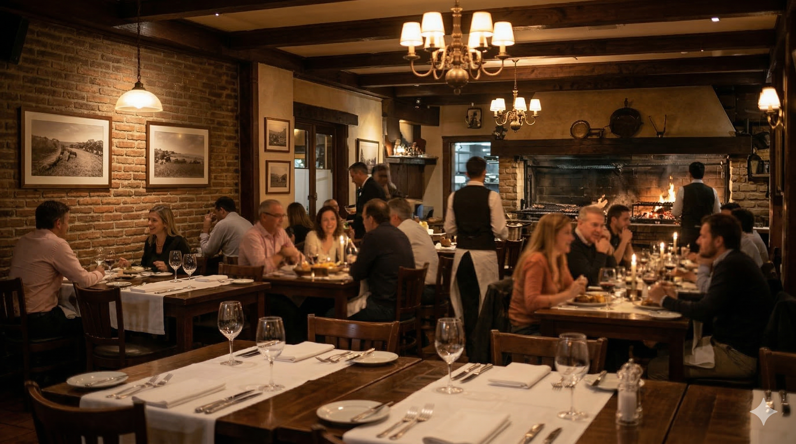 Ambiente cálido del restaurante con mesas iluminadas